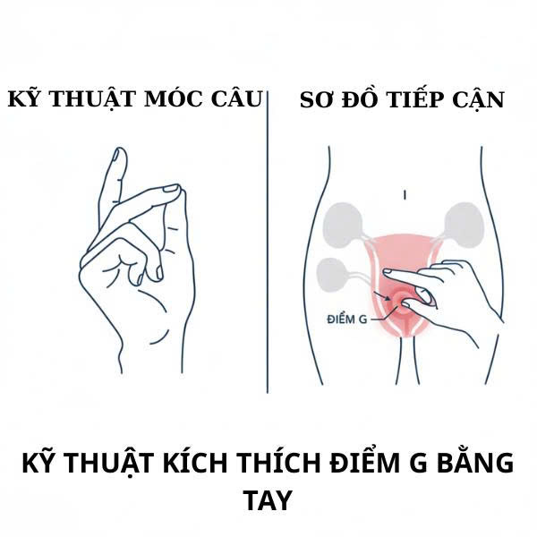 Infographic minh họa kỹ thuật "móc câu" bằng tay để kích thích chính xác vào điểm G của phụ nữ.